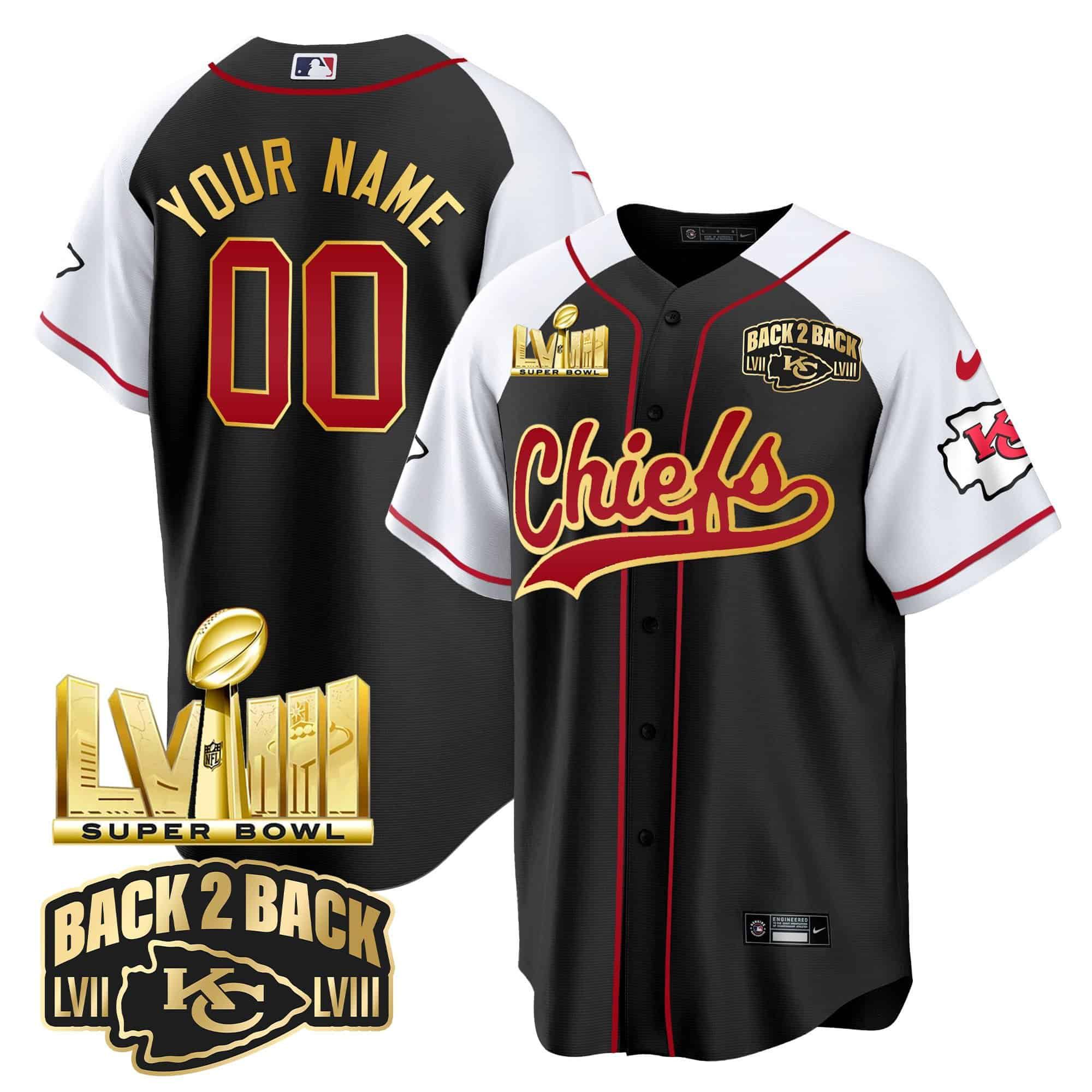 Men Kansas City Chiefs Black 2024 Nike Super Bowl LVIII Back 2 Back Gold Patch Baseball Custom NFL Jersey style 1